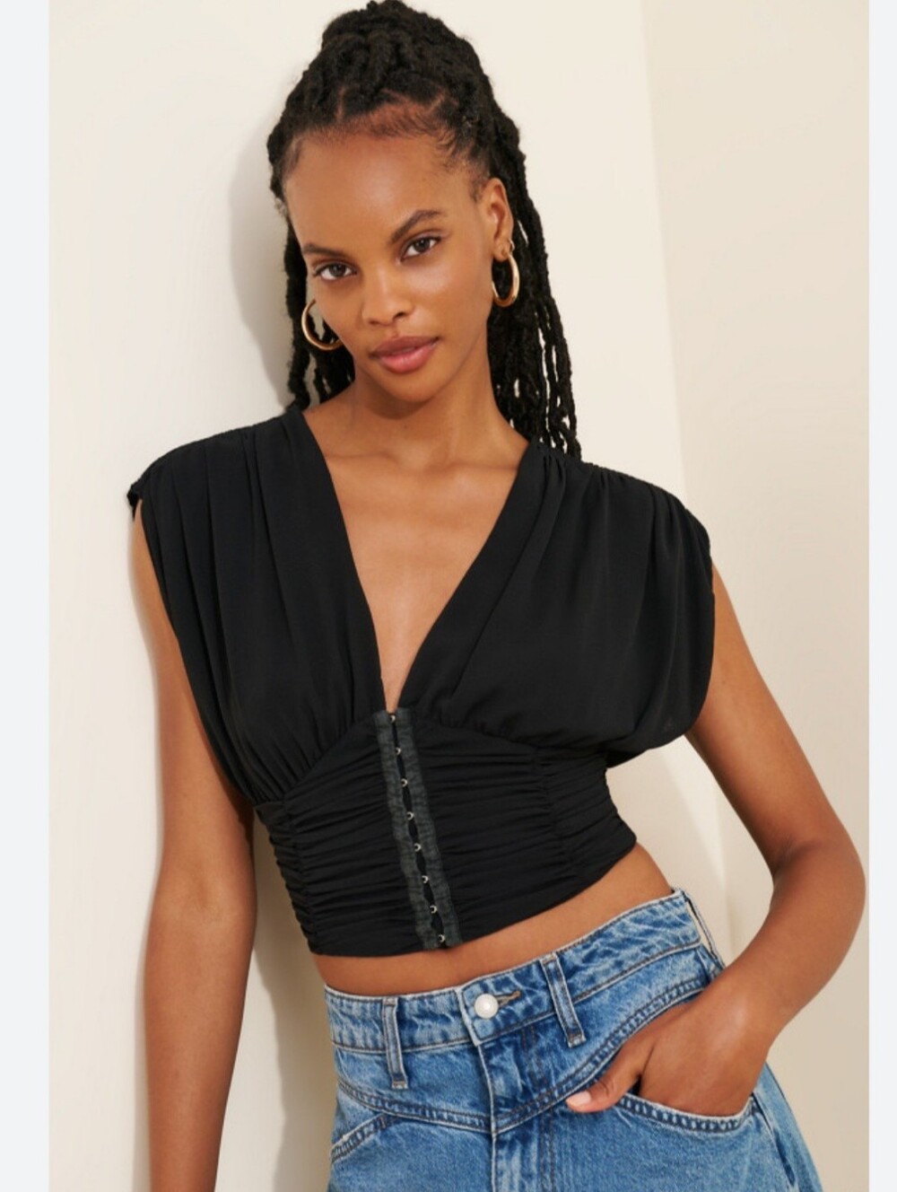 Free People Black Ruched Corset Crop Top with Tie Back